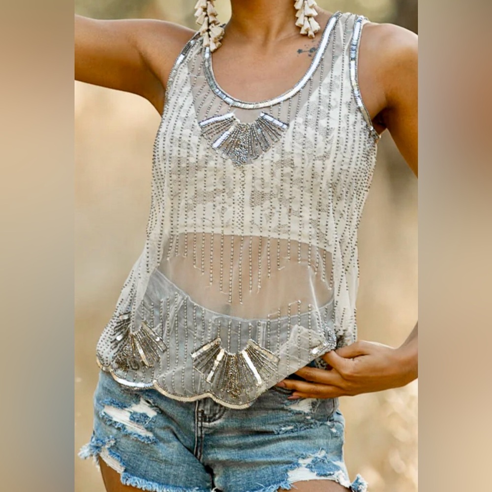 **New** Joyfolie Laken Champagne, Embellished Sheer Tank Top